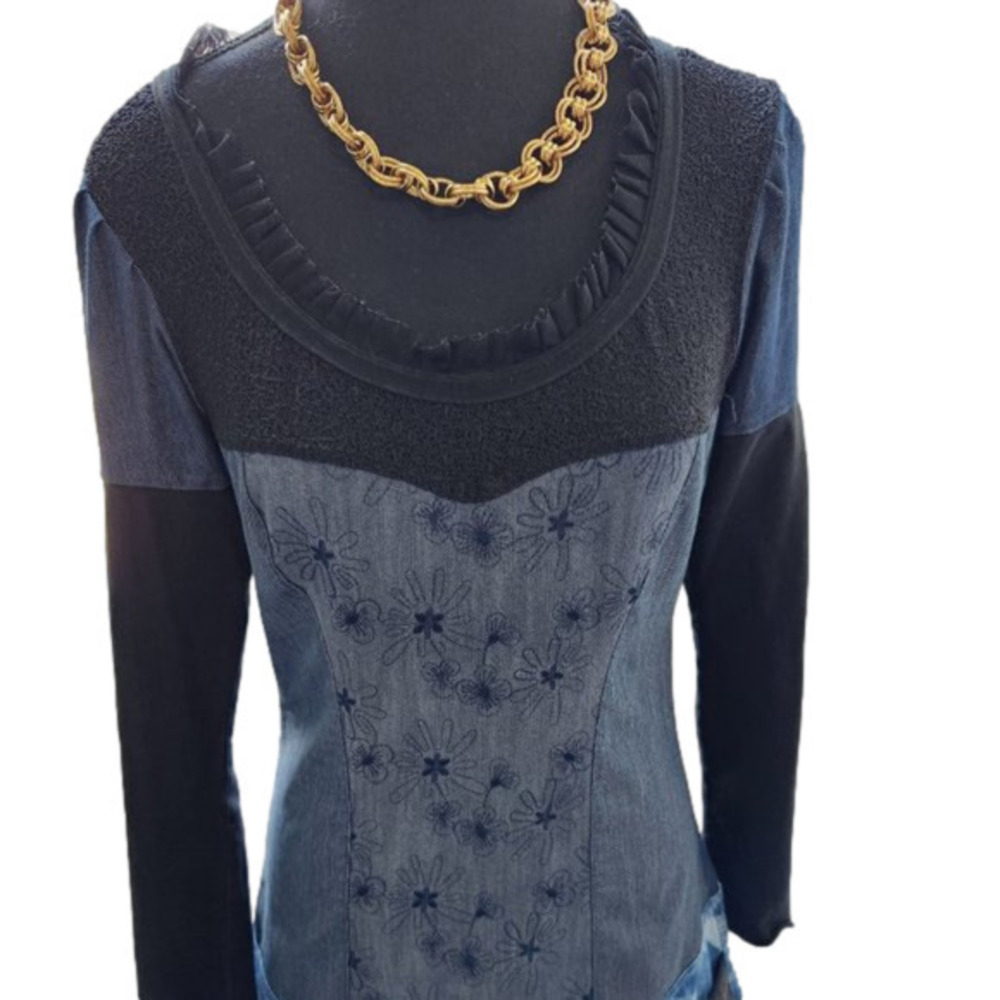 P228.  KOLLONATAI Mixed Material Denim Tunic Top |M